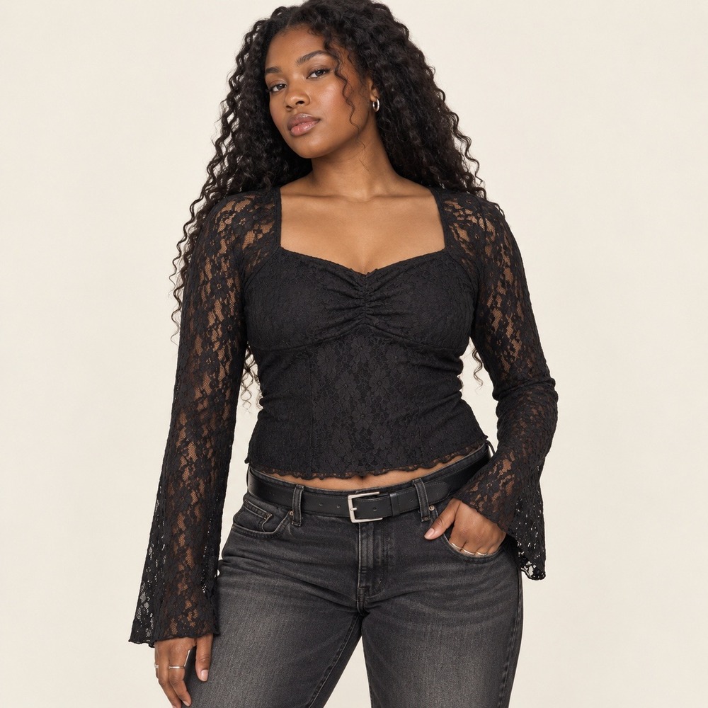 Madden Girl Black Lace Long Sleeve Bustier Top XL Y2K Gothic Romantic